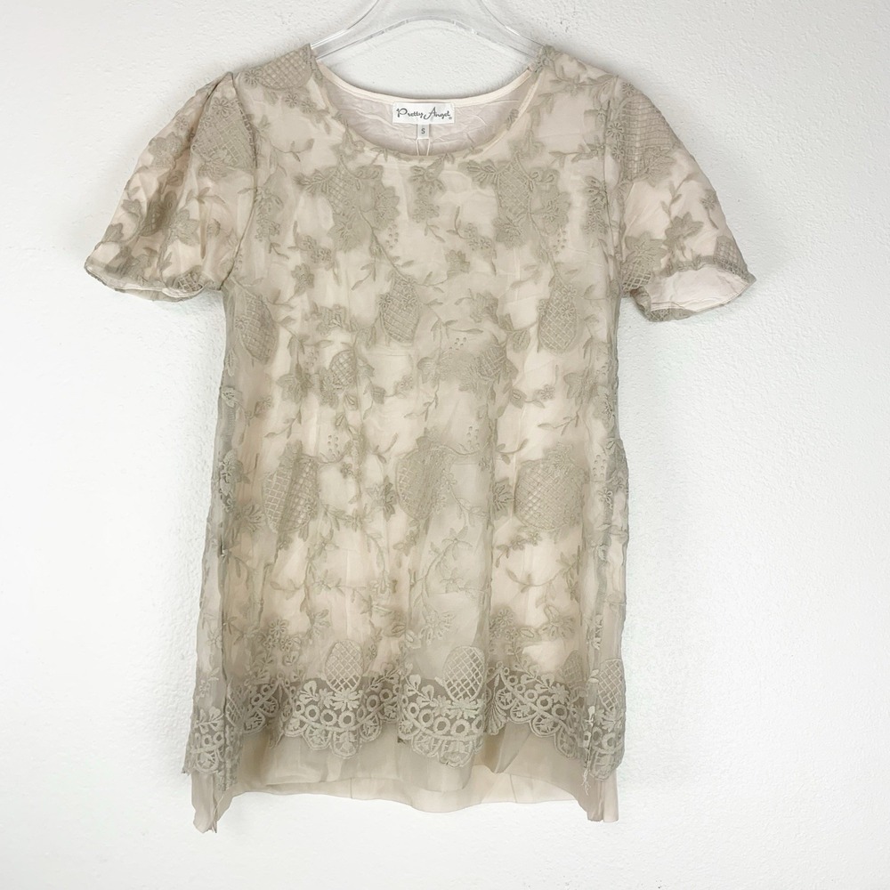 Pretty Angel Top Small Tunic Embroidered Lace Boho Cottage Tiered Beige Feminine